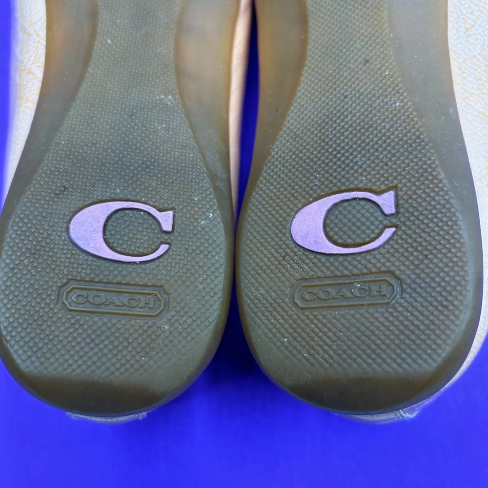 Coach Tan Leather Ballet Flats with Purple Button Detail